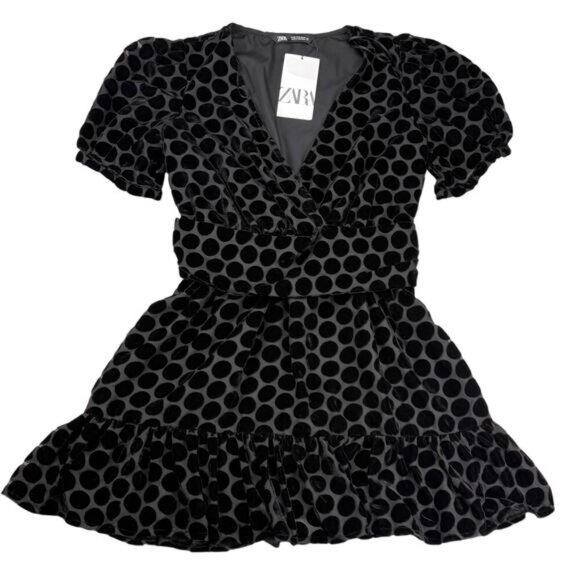 NWT ZARA Velvet Polka Dot Dress Sz Small Black - Picture 8 of 11